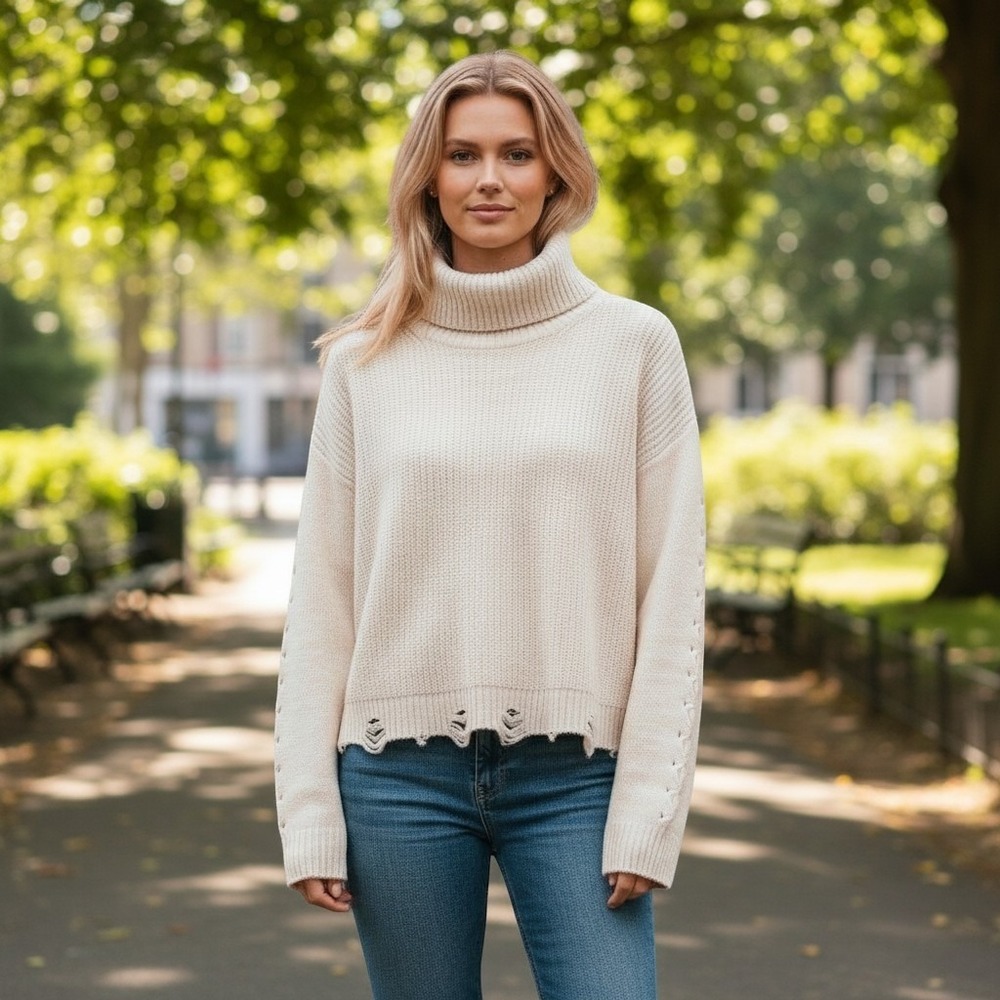 Peach Love California Cream Distressed Cropped Turtleneck Sweater Small